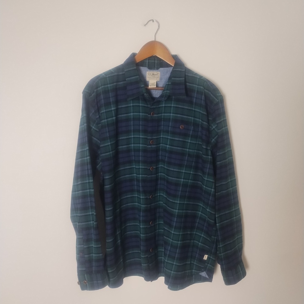 LL Bean‎ Plaid Button Up Mens L Green Navy Traditional Fit Outdoors